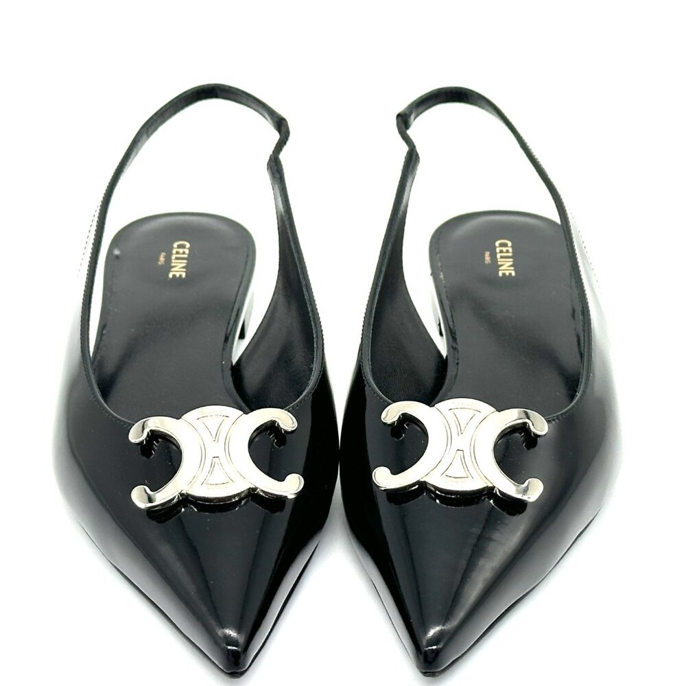 CELINE Alma Triomphe Logo Glossy Leather Flat Slingback Sandals Shoes - Picture 5 of 14